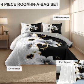 4 Piece Soft All-Season Washed Microfiber And Viscose Comforter Set ,  With Comforter, Sheet, Pillowcases & Shams, Print, Flowerd, Moisture-Wicki (Color: black/white lotus, size: CAL KING)